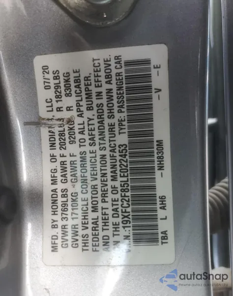 2020 Honda Civic Sport z USA, uszkodzony, nr VIN 19XFC2F85LE022453